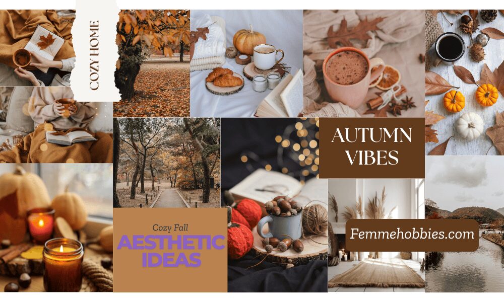 Cozy autumn mood board with pumpkins, candles, coffee mugs, and fall leaves — a visual inspiration for fun Fall Activities for adults.