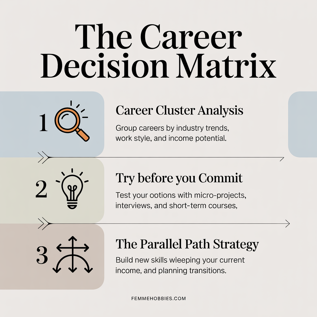 A clean infographic illustrating “The Career Decision Matrix” with three steps — career cluster analysis, try-before-you-commit testing, and parallel path planning — in soft pastel tones.