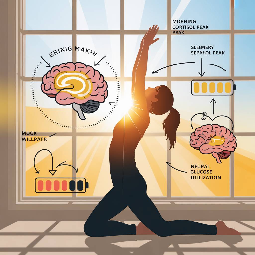 Woman doing morning yoga in sunlight with brain energy and cortisol cycle illustration, symbolizing mental rest and focus.”