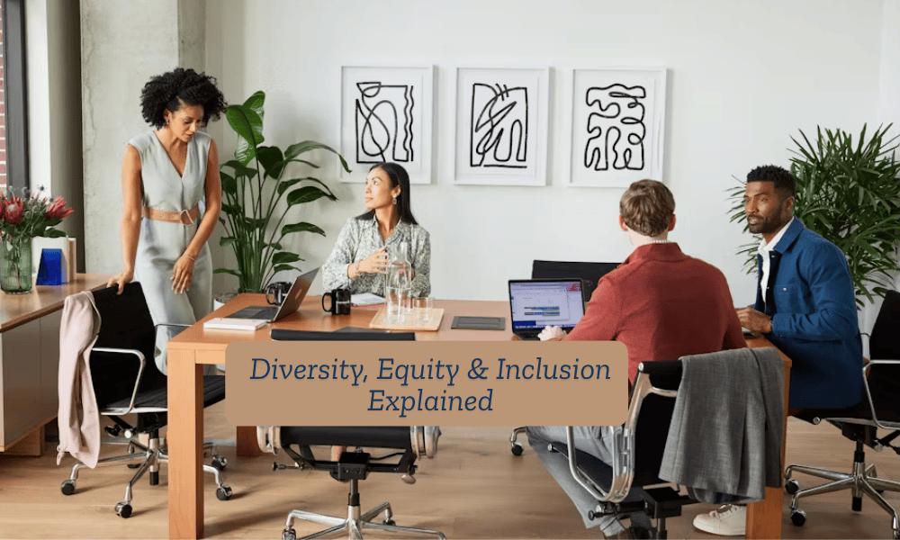 Four diverse professionals collaborating in a modern office, representing the real-world application of DEI meaning - Diversity, Equity and Inclusion in workplace environments