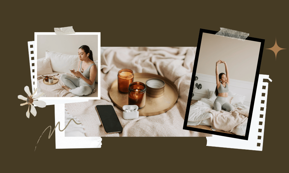 Cozy Self-Care Sunday setup with candles, a woman stretching on bed, and a calm morning routine that reflects feminine self-care philosophy and mindfulness.