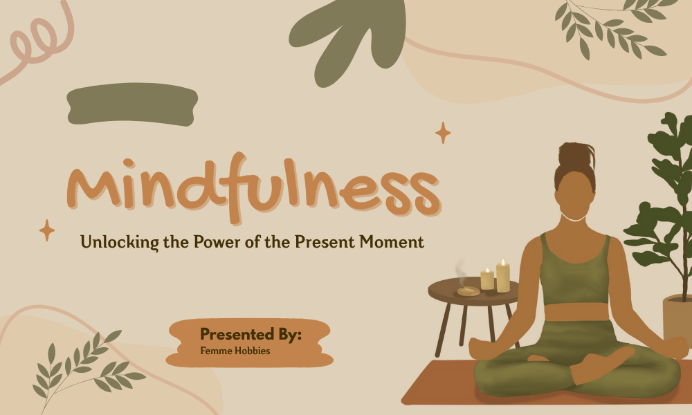 Illustration of a woman practicing mindfulness meditation at home surrounded by candles and plants, symbolizing calm and presence.
