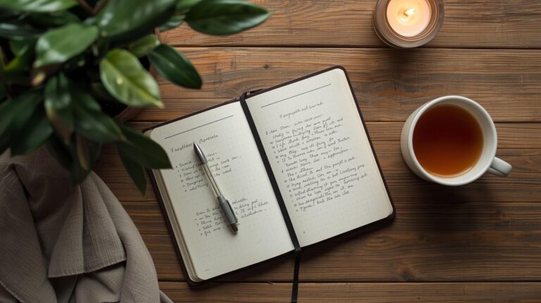 Open notebook with handwritten notes, pen, candle, and tea on a wooden desk — cozy setup for daily journal prompts and mindful writing.