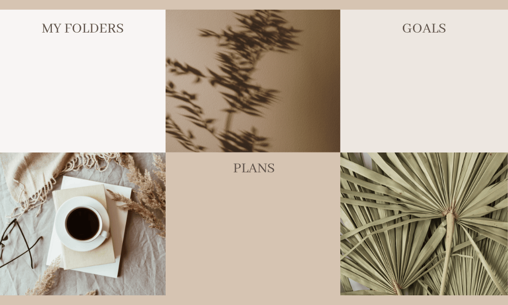Minimalist workspace layout with coffee, dried leaves, and folders labeled “My Folders,” “Goals,” and “Plans,” representing calm productivity, life goals, and self-improvement.