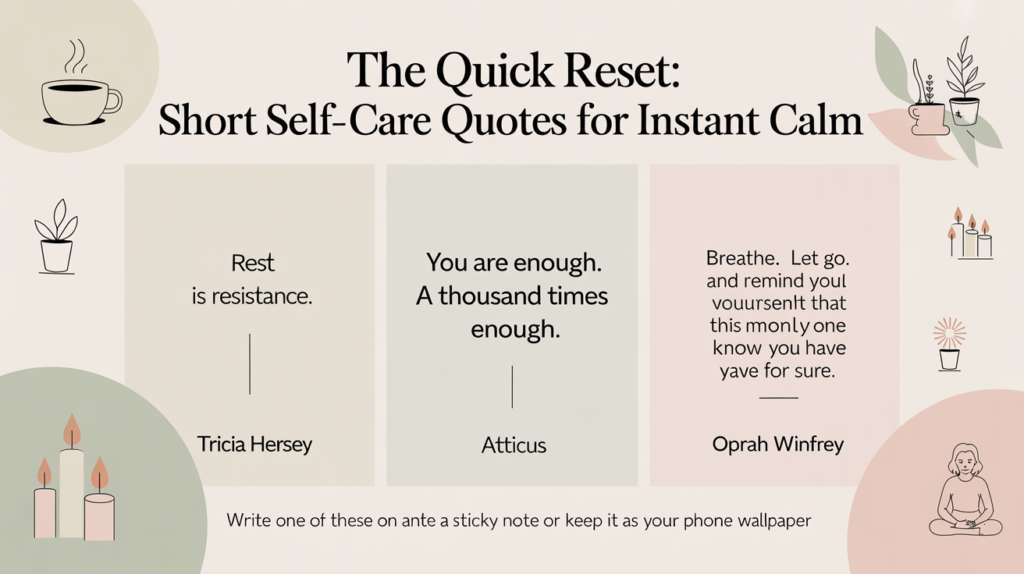 A calming infographic featuring short self-care quotes for instant calm, including inspiring words by Tricia Hersey, Atticus, and Oprah Winfrey — designed in soft pastel tones to encourage mindfulness and relaxation.