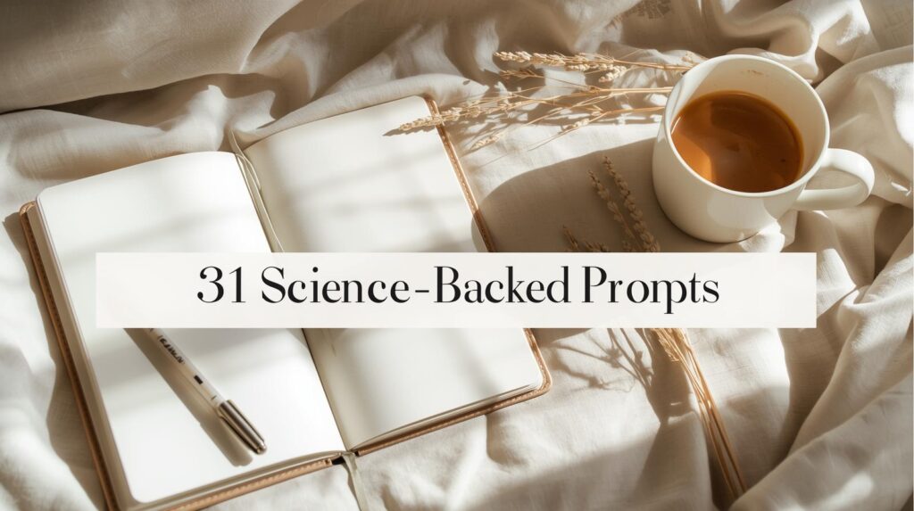 Open Gratitude Journal with thoughtful prompts and a woman writing, representing 31 science-backed gratitude journal ideas for daily reflection and positivity.