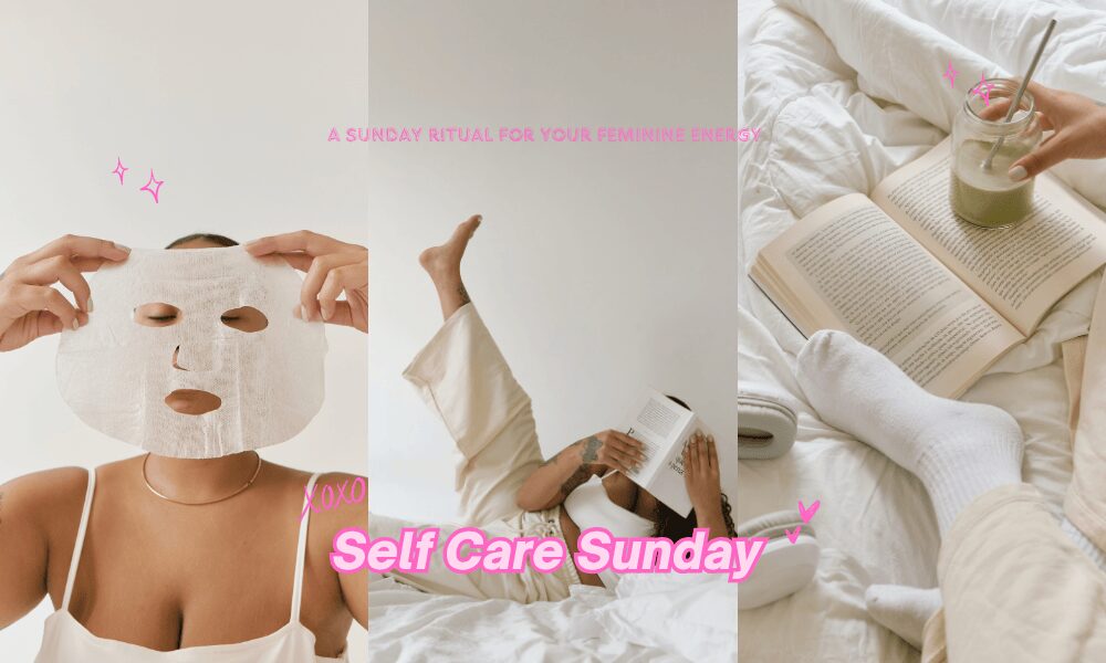 Woman relaxing on Self-Care Sunday with a face mask, book, and green smoothie, enjoying a peaceful morning routine for mind and body wellness.