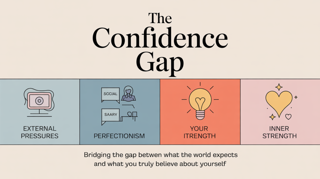 Infographic showing “The Confidence Gap” with a balance scale comparing external pressures like social media, perfectionism, and salary to inner strengths such as creativity, courage, and self-belief.