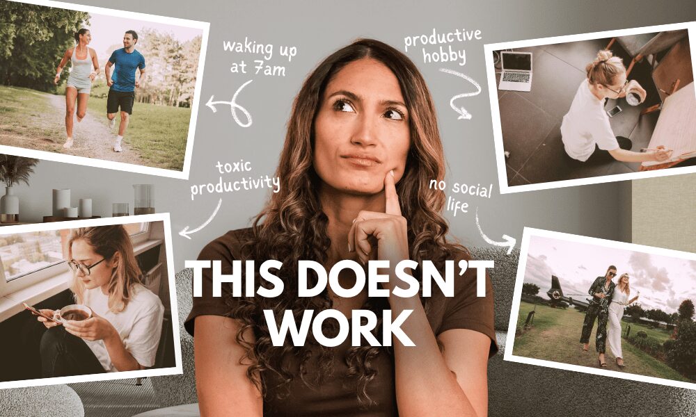 A thoughtful woman surrounded by lifestyle images like waking up early, working, and social life, symbolizing confusion and reflection about what to do with her life.