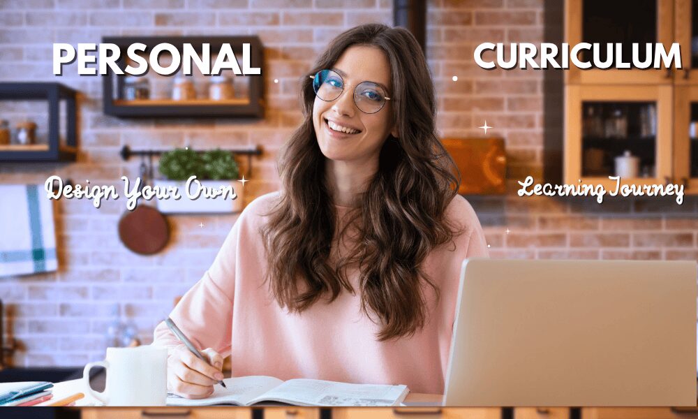 A woman studying at home with notebooks and a laptop, symbolizing personal growth, self-learning, and building a structured curriculum.