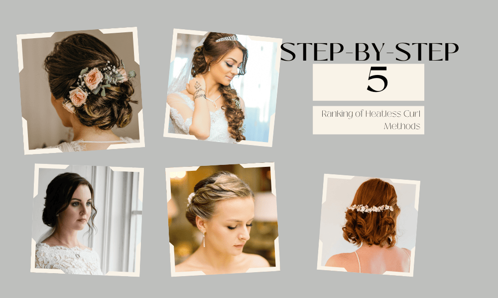 Woman showing five different heatless curling methods with various hairstyles, demonstrating easy no-heat curl techniques for beginners.