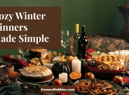 Cozy winter dinner ideas table setup with warm comfort foods, candles, and seasonal dishes for a festive winter meal.