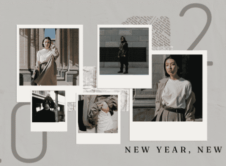 Aesthetic collage featuring stylish individuals in modern outfits arranged in Polaroid-style frames, set against a minimal background, symbolizing fresh beginnings and inspiration for New Year’s Eve party ideas.