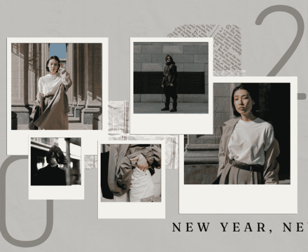 Aesthetic collage featuring stylish individuals in modern outfits arranged in Polaroid-style frames, set against a minimal background, symbolizing fresh beginnings and inspiration for New Year’s Eve party ideas.