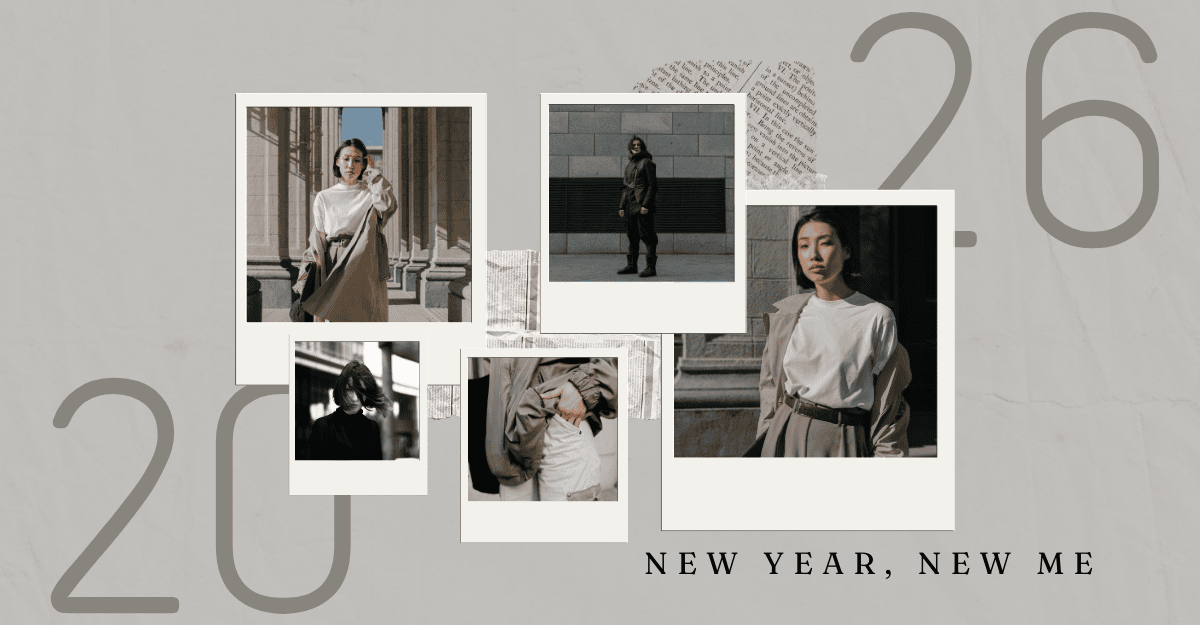 Aesthetic collage featuring stylish individuals in modern outfits arranged in Polaroid-style frames, set against a minimal background, symbolizing fresh beginnings and inspiration for New Year’s Eve party ideas.