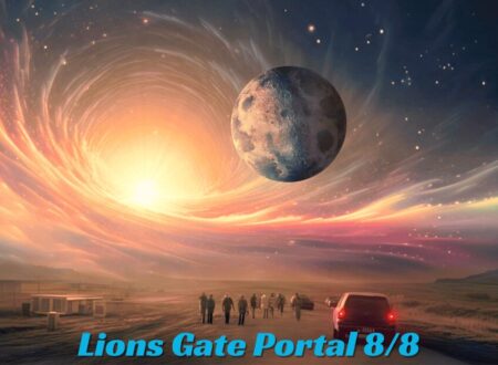 Cosmic sunrise and swirling energy vortex with moon in the sky, representing the Lion’s Gate Portal 8/8 spiritual awakening.