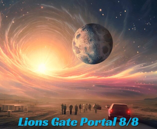 Cosmic sunrise and swirling energy vortex with moon in the sky, representing the Lion’s Gate Portal 8/8 spiritual awakening.