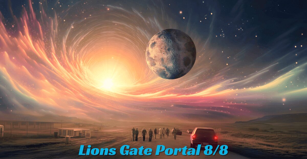 Cosmic sunrise and swirling energy vortex with moon in the sky, representing the Lion’s Gate Portal 8/8 spiritual awakening.