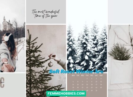 Cozy winter collage featuring snow-covered trees, seasonal moments, and soft reset vibes for a gentle winter arc.