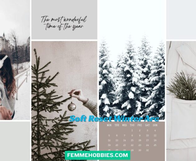 Cozy winter collage featuring snow-covered trees, seasonal moments, and soft reset vibes for a gentle winter arc.