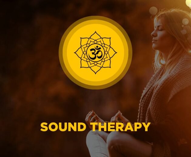 Woman meditating peacefully in warm light with an Om mandala symbol representing sound therapy and healing vibrations.