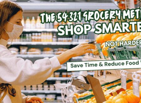 Woman grocery shopping and selecting fresh produce, illustrating the 54321 Grocery Method for smarter and efficient shopping.