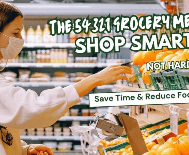 Woman grocery shopping and selecting fresh produce, illustrating the 54321 Grocery Method for smarter and efficient shopping.