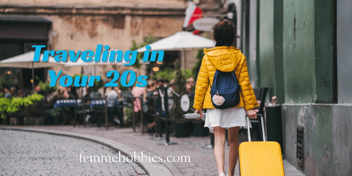 Young woman with a yellow suitcase walking through a European street, symbolizing the freedom and adventure of traveling in your 20s.