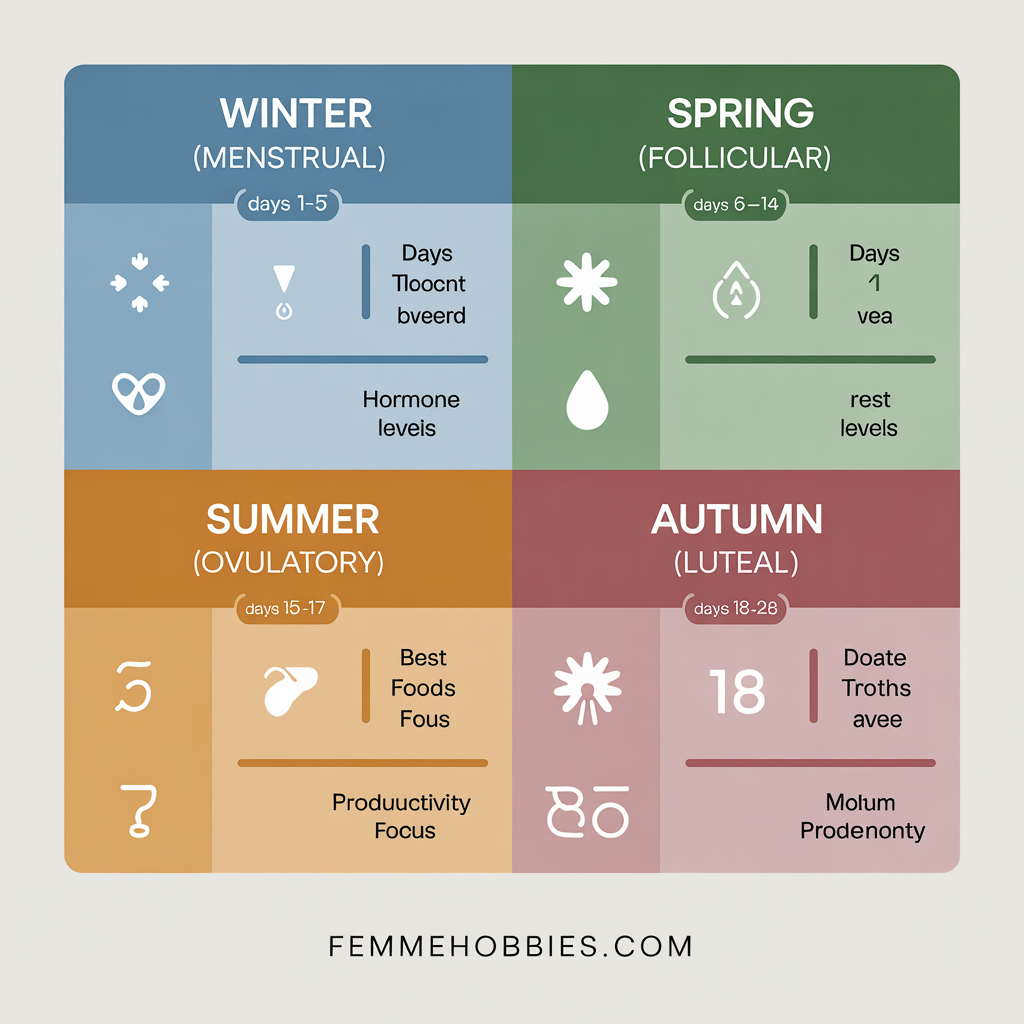 A comprehensive infographic explaining the four phases of menstrual cycle syncing. The chart is divided into four color-coded sections: blue for Winter (Menstrual phase) with rest and planning activities; green for Spring (Follicular phase) with creative tasks; amber for Summer (Ovulatory phase) with social and high-energy work; and pink for Autumn (Luteal phase) with focused completion tasks.