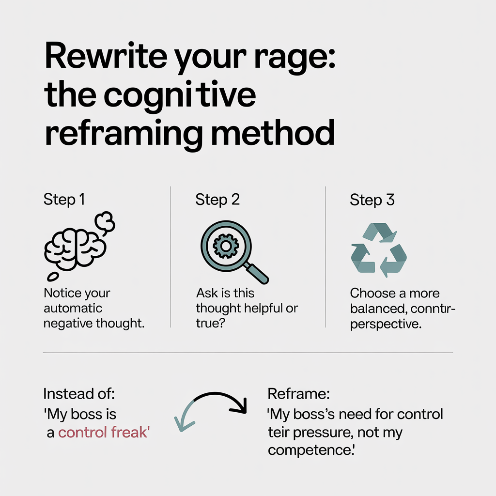 Infographic illustrating the 3-step cognitive reframing process: 1. Catch the automatic negative thought. 2. Analyze if it's helpful or true. 3. Reframe it with a balanced perspective.