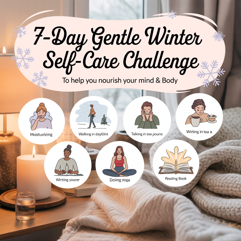 A 7-day winter self-care challenge checklist with simple daily wellness activities.