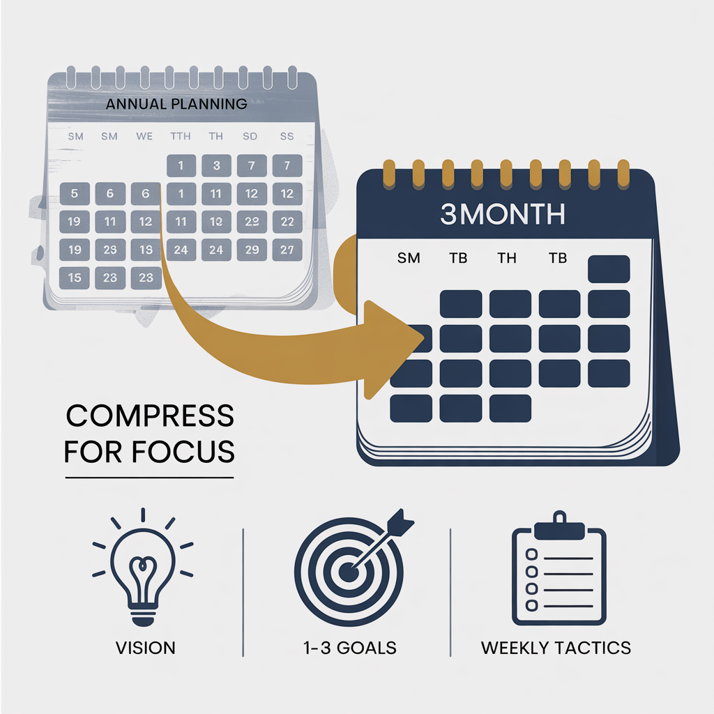 Infographic showing how the 12 Week Year compresses traditional annual planning into a focused 3-month cycle, with icons for vision, setting 1–3 goals, and weekly tactics.