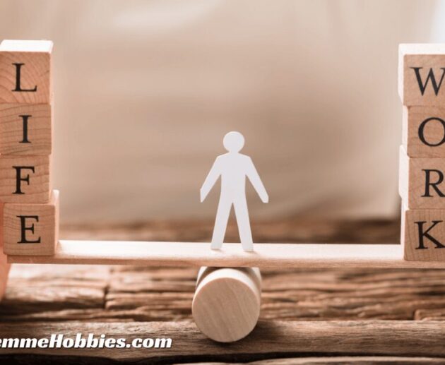 Work-life balance concept with a figure standing between LIFE and WORK blocks, representing the 8 8 8 rule for balanced time management.