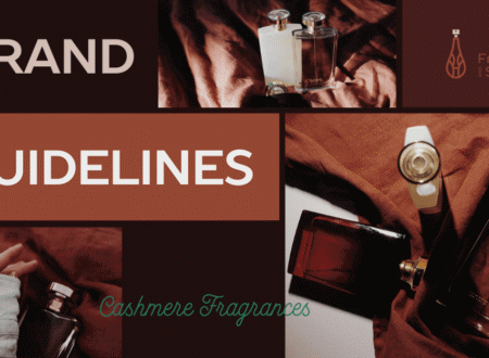 Flat lay of luxurious cashmere perfume bottles arranged on soft brown fabric within an elegant brand guidelines layout.