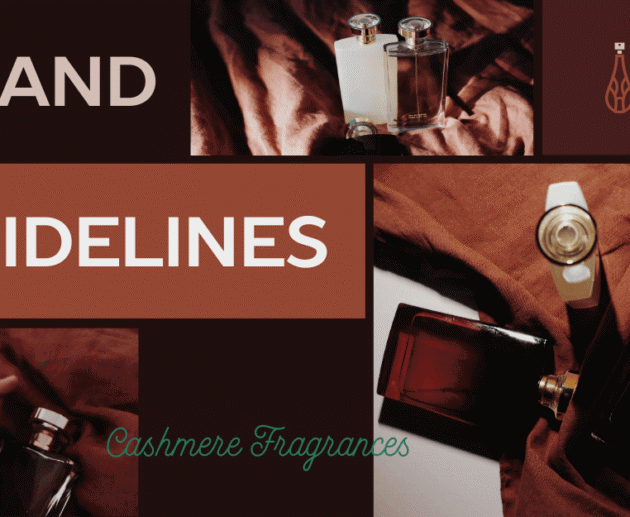 Flat lay of luxurious cashmere perfume bottles arranged on soft brown fabric within an elegant brand guidelines layout.