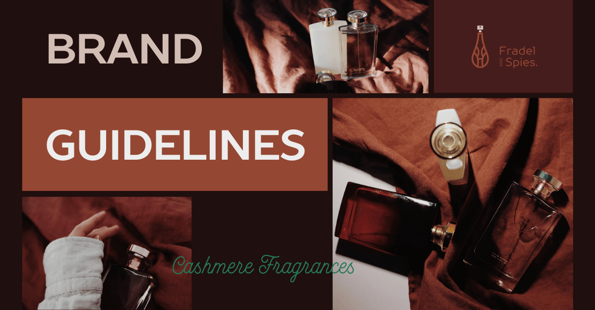 Flat lay of luxurious cashmere perfume bottles arranged on soft brown fabric within an elegant brand guidelines layout.