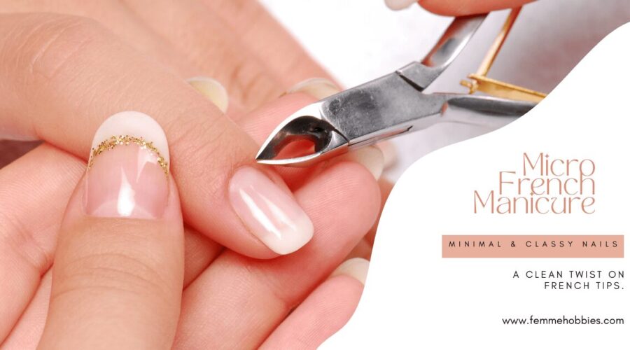 Close-up of a Micro French Manicure with minimal white tips and gold detailing during a professional nail treatment.