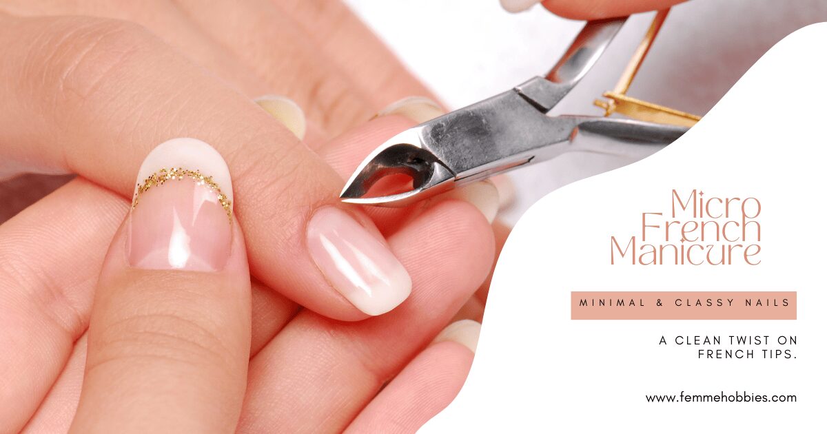 Close-up of a Micro French Manicure with minimal white tips and gold detailing during a professional nail treatment.