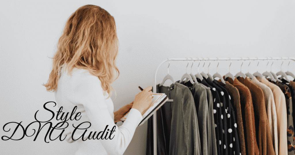 Flat lay of a wardrobe audit checklist with color swatches, notebook, and summer clothing pieces.