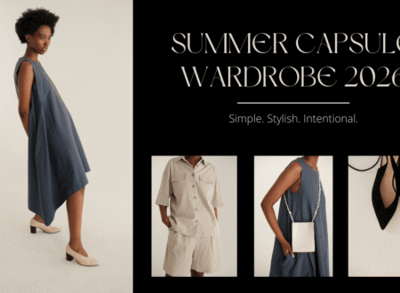 Minimalist summer capsule wardrobe layout featuring neutral outfits, a flowy blue dress, linen separates, and classic black heels styled in a modern editorial design.