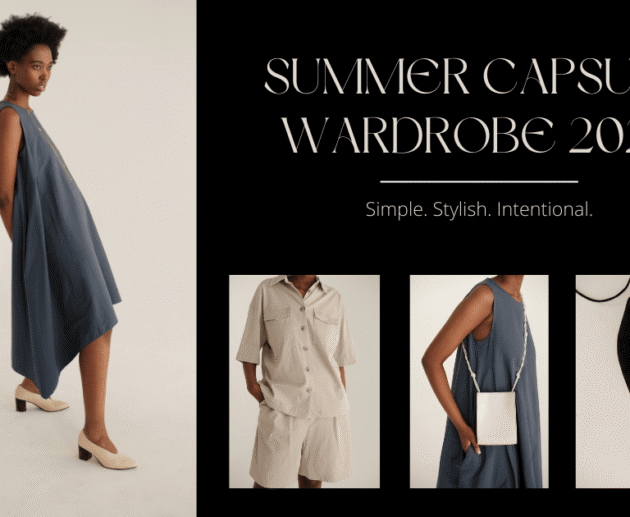 Minimalist summer capsule wardrobe layout featuring neutral outfits, a flowy blue dress, linen separates, and classic black heels styled in a modern editorial design.