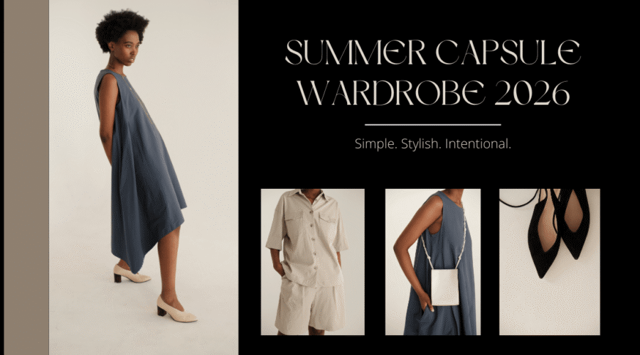 Minimalist summer capsule wardrobe layout featuring neutral outfits, a flowy blue dress, linen separates, and classic black heels styled in a modern editorial design.