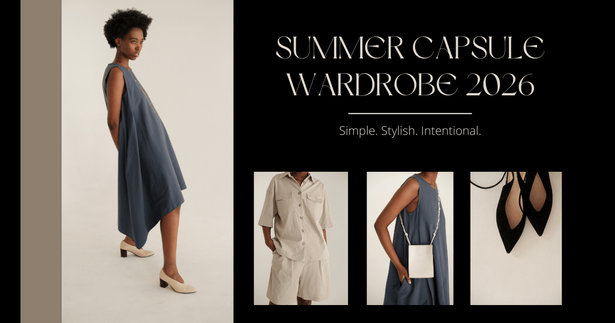 Minimalist summer capsule wardrobe layout featuring neutral outfits, a flowy blue dress, linen separates, and classic black heels styled in a modern editorial design.