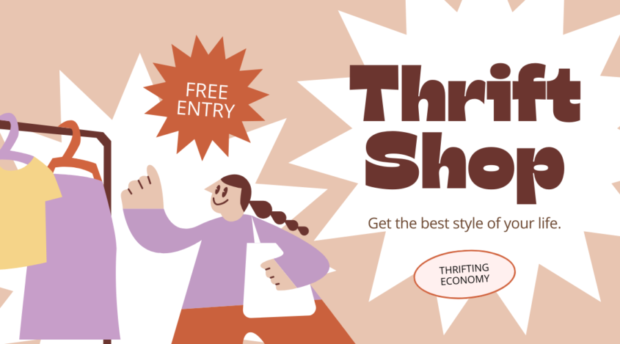 Illustration of a woman shopping at a thrift shop, showing the concept of thrifting for affordable and sustainable fashion