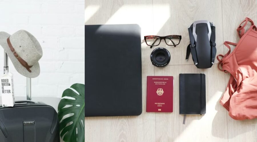 Travel suitcase with hat, water bottle, passport, laptop, camera lens, glasses, notebook, drone, and swimsuit arranged neatly as personal items