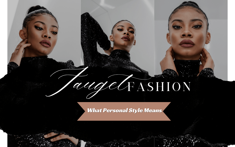 A stylish woman in a chic black outfit posing in a modern fashion collage, representing what personal style means.