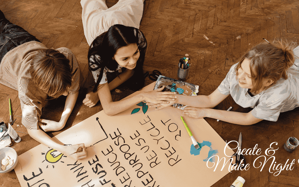 Women enjoying a paint-and-sip party, creating DIY crafts together during a fun and creative girls’ night.
