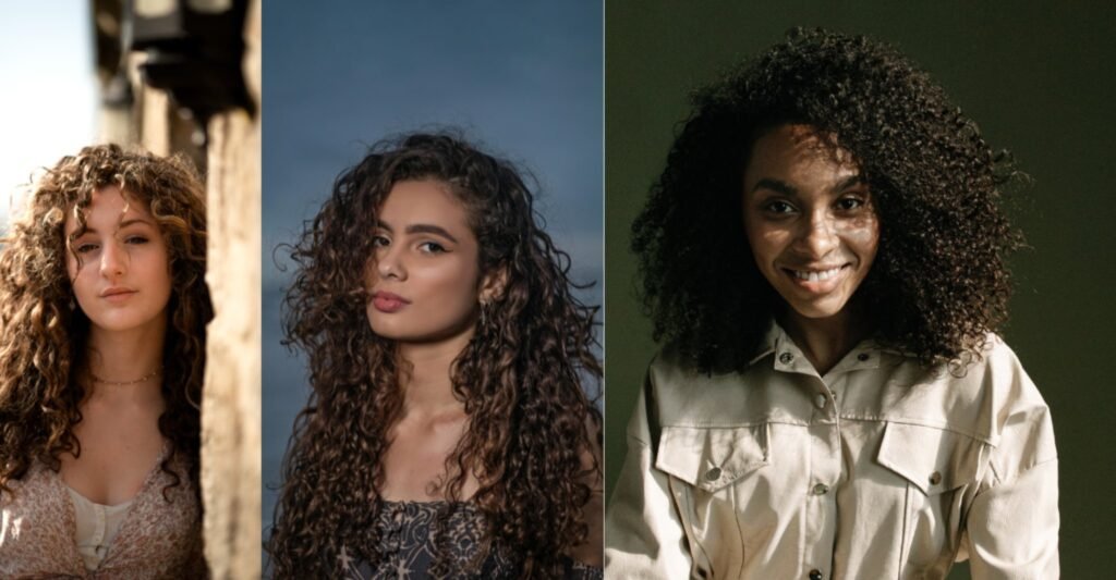 Three women showcasing curly and coily hair with side part hairstyles, highlighting different natural hair textures and curl patterns.