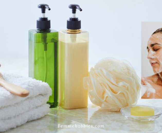 Everything shower setup with body wash bottles, loofah, towel, soap, and relaxing self-care routine essentials