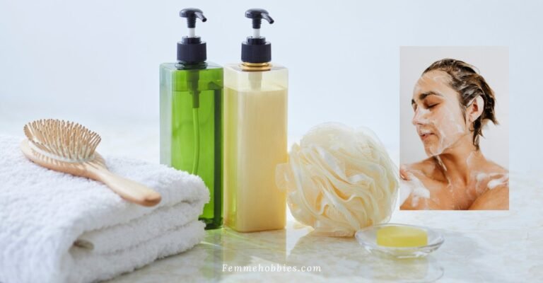 Everything shower setup with body wash bottles, loofah, towel, soap, and relaxing self-care routine essentials